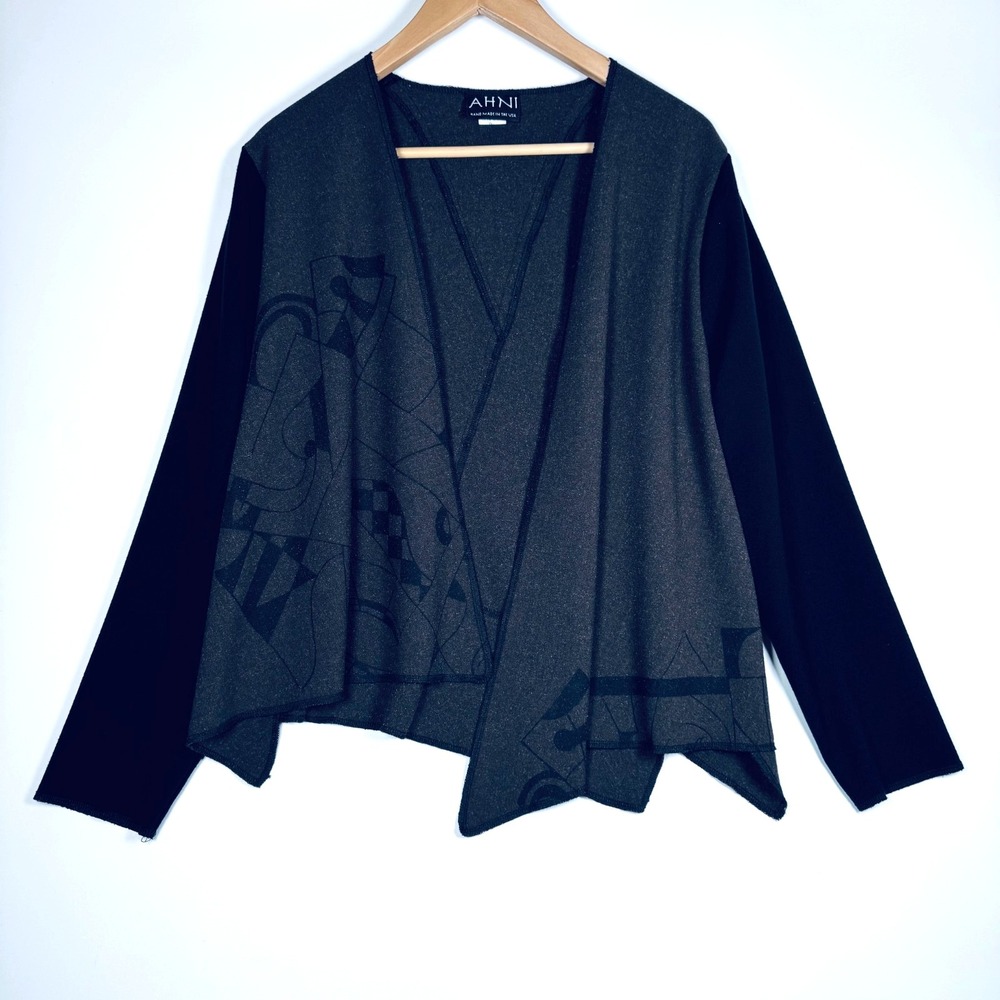 AHNI Cardigan Small Brown Black Wool Blend Open‎ Front Asymmetrical Handmade USA
